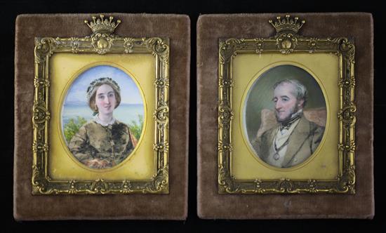 Victorian School Miniatures of a lady and gentleman 4.25 x 3.5in.